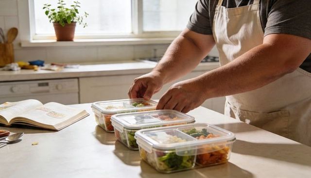 Man sealing healthy meal-prep containers on sunlit kitchen counter for weekly lunches