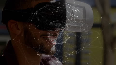 Man Wearing Virtual Reality Headset with Digital Connections