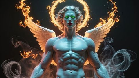Angelic lucifer warrior with fiery halo and wings in ethereal glow