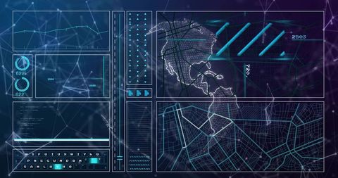 Cyberpunk HUD Dashboard Visualizing Real-Time Geospatial Data and Network Analytics