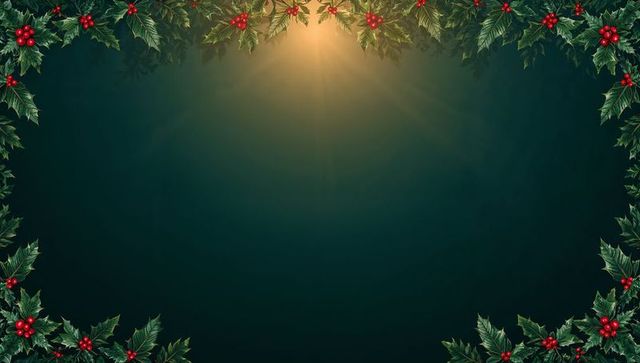 Framing festive holly garland with warm golden glow and dark green center