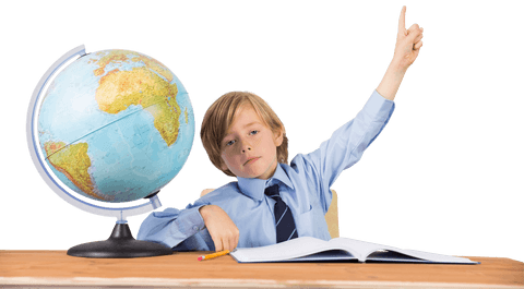 caucasian schoolboy raising hand beside globe transparent background - Download Free Stock Videos Pikwizard.com