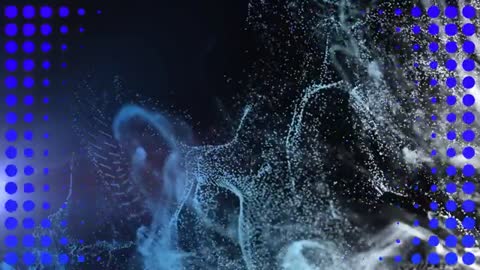 Neon Blue Particle Cloud Animation with Halftone Grid and Swirling Filaments