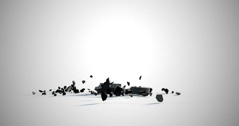 Dark fragments scattered against white backdrop