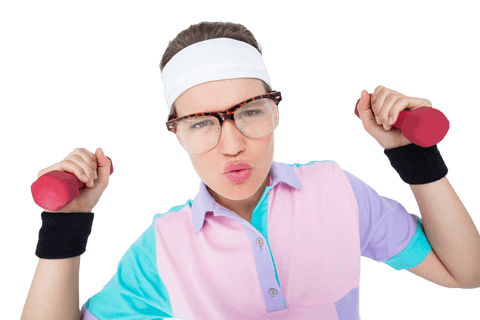 Stylish hipster girl exercising with red dumbbells in transparent background