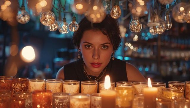 Woman in Ambient Boutique Surrounded by Candlelight and Vintage Bulbs