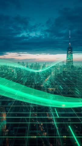 Gliding Neon Ribbon Animating Futuristic City Grid and Skyline at Dusk | Vertical Video