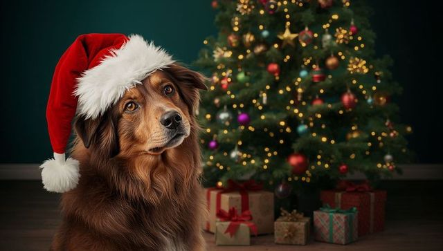 Festive dog wearing santa hat sitting beside decorated christmas tree