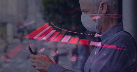 Digital Graphs Projected Over Man With Face Mask