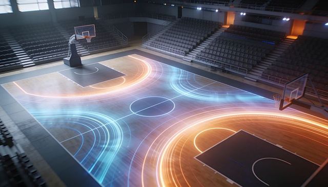 Projecting neon arcs on hardwood basketball court with hoops and futuristic led trails