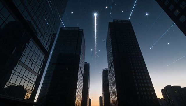 Skyscrapers framing dusk canyon reflecting glass facades with falling meteor streaks, star trails