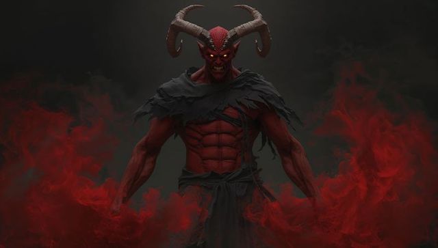 Red-skinned demon in swirling mist with glowing horns