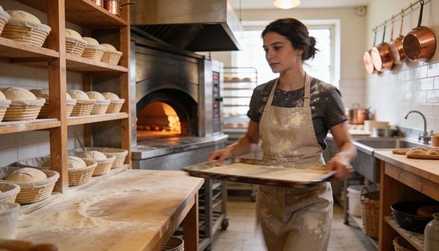 Artisan baker preparing sourdough loaves at stone oven in rustic bakery kitchen with bannetons