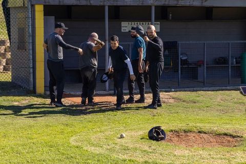 Adult baseball team gathering by dugout pointing and preparing for recreational game