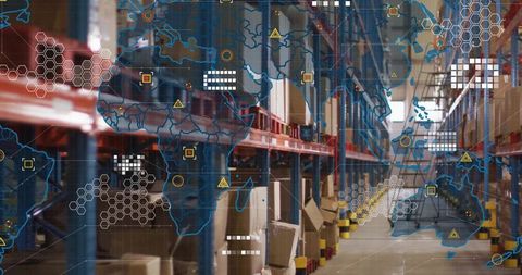 Global Logistics Network Overlay on Warehouse Shelving