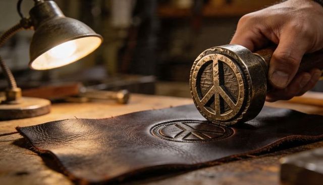 Artisan leather embossing peace symbol stamp on dark hide workshop bench closeup