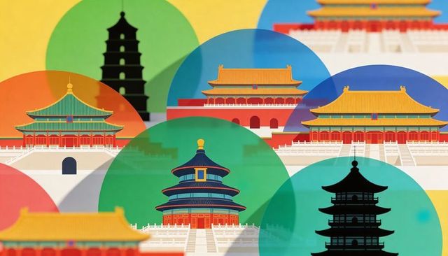 Colorful collage of chinese temples and pagodas with layered circles and geometric design