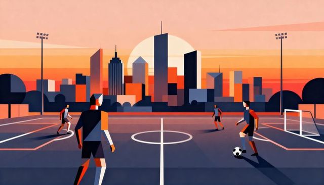 Sunset urban soccer match on rooftop court with players passing ball and city skyline