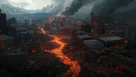 Dystopian Cityscape with Flowing Lava and Smoking Ruins