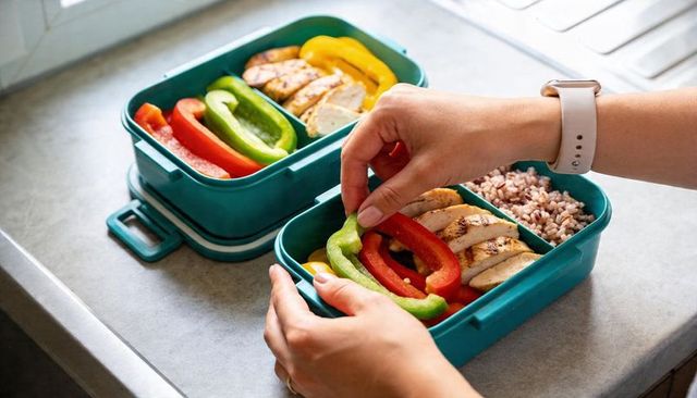 Meal-prep bento with grilled chicken, colorful bell peppers and multigrain rice