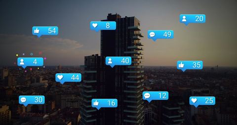 Social Media Engagement Icons Over Modern City Skyline