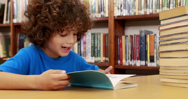 Boy Reading Book in Library with Stack of Books - Download Free Stock Images Pikwizard.com