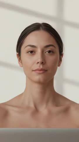 Vertical video of woman opening eyes and posing at laptop, bare-shoulder minimalist portrait