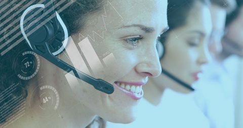 Customer support team overlaid with data analysis graphics