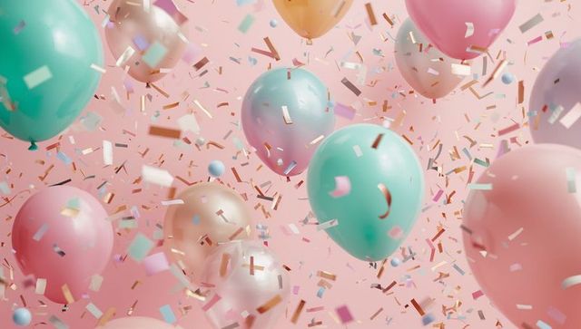 Pastel balloons floating with rose gold confetti scattering on pale pink background