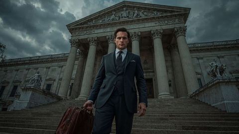 Businessman prosecutor descending courthouse stairs with leather briefcase