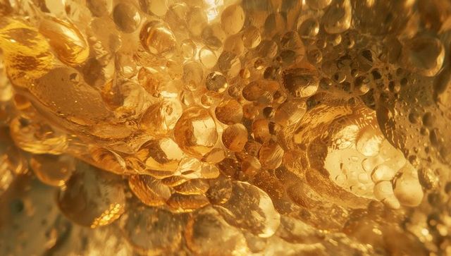 Glowing Golden Liquid with Shimmering Bubbles in Abstract Macro View
