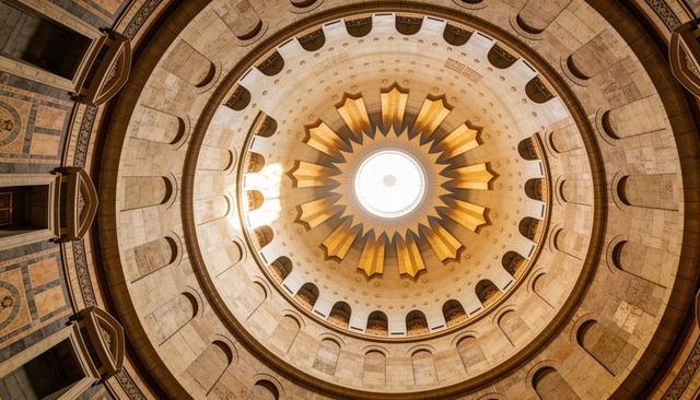 Golden oculus and carved marble dome with gilded ribs in classical rotunda architecture