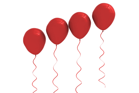Four Red Balloons Lined up on Transparent Background