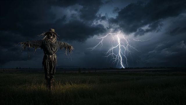 Scarecrow against Stormy Sky with Dramatic Lightning
