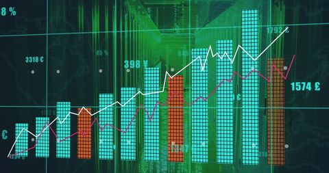 Digital financial dashboard showing possitive market analytics trends