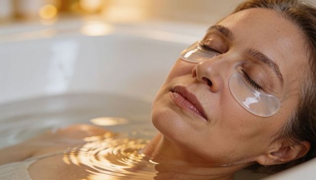 Middle-aged woman relaxing in bathtub wearing under-eye gel patches for skin care