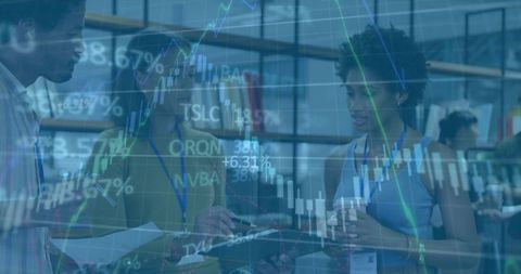 Collaborative business meeting with stock market data insights