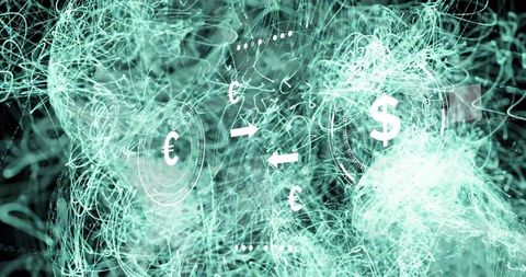 Neon teal digital currency exchange hud with pulsing dollar and euro rings and data flow