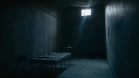 Sunbeam Through Barred Window in Abandoned Cell Video Clip Showing Stark Metal Bed and Dust