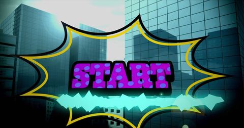 Vibrant start text overlaying futuristic cityscape