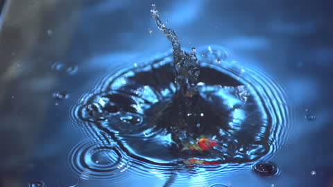 Strawberry Splashing into Water with Vibrant Ripples