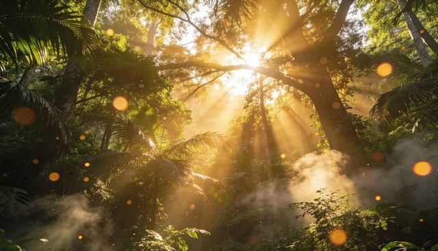 Sunlight streaming through tropical rainforest canopy, mist rising among ferns