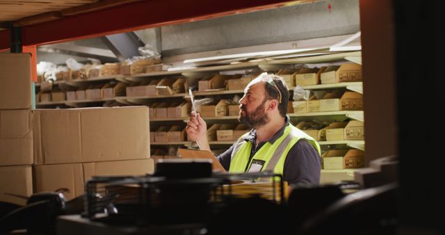 Warehouse worker adjusting to take inventory of stock items on shelves. Can be used for themes around logistics, supply chain management, organized storage, corporate operations, effective warehousing practices, and stock maintenance. Ideal for articles, blog posts, and marketing materials focused on efficient warehouse management.