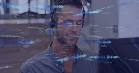 Customer Support Specialist Listening and Processing Audio with Headset and Waveform Overlays