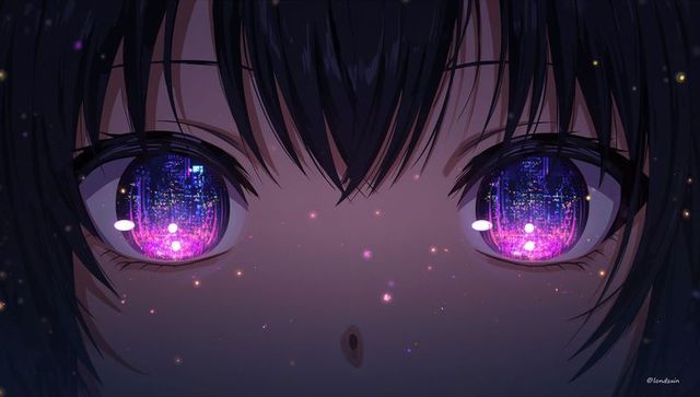 Anime Eyes Reflecting Neon Cityscape Closeup, Futuristic Night Glow, Cyberpunk Portrait