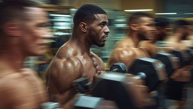 Muscular athlete curling heavy hex dumbbells in crowded gym with mirrored motion blur