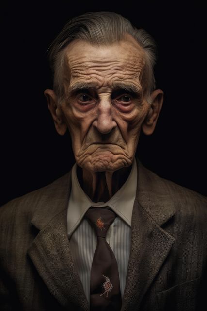 Portrait of sad old man on black background, created using generative ai technology. Portraiture, old age and facial expressions concept digitally generated image.