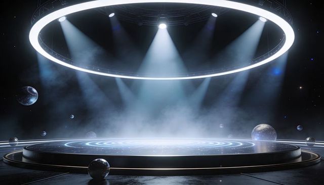 Glowing Futuristic Circular Stage with Suspended Ring Light and Cosmic Spheres