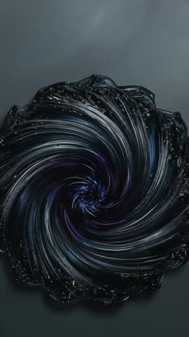 Vertical video black glitter vortex spinning on matte table revealing blue iridescent rim