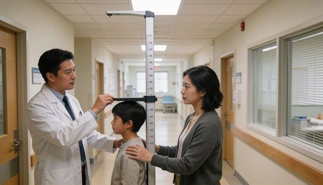 Pediatrician measuring child height with stadiometer while parent supporting in clinic